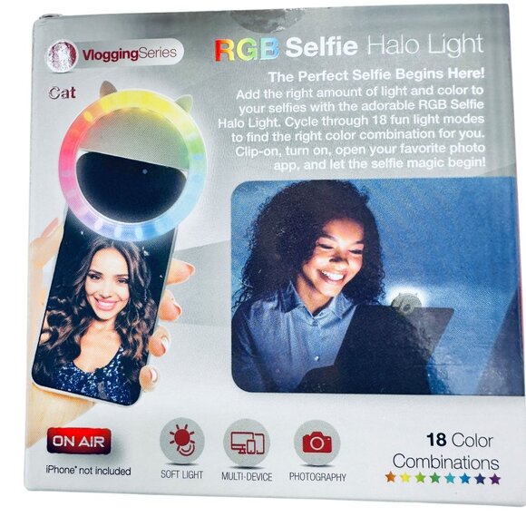 RGB Selfie Halo Light Clip-On Cat Ears Design Vlogging Series 18 Color Combos - Picture 2 of 9